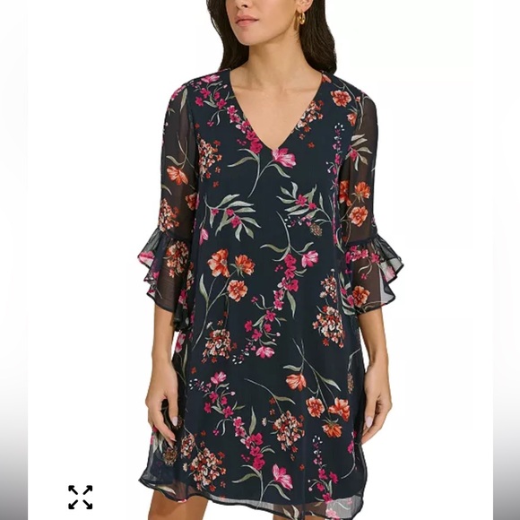 Calvin Klein Dress Size 12 Chiffon Bell Sleeve Black Floral MSRP $119 NWT - Picture 2 of 11